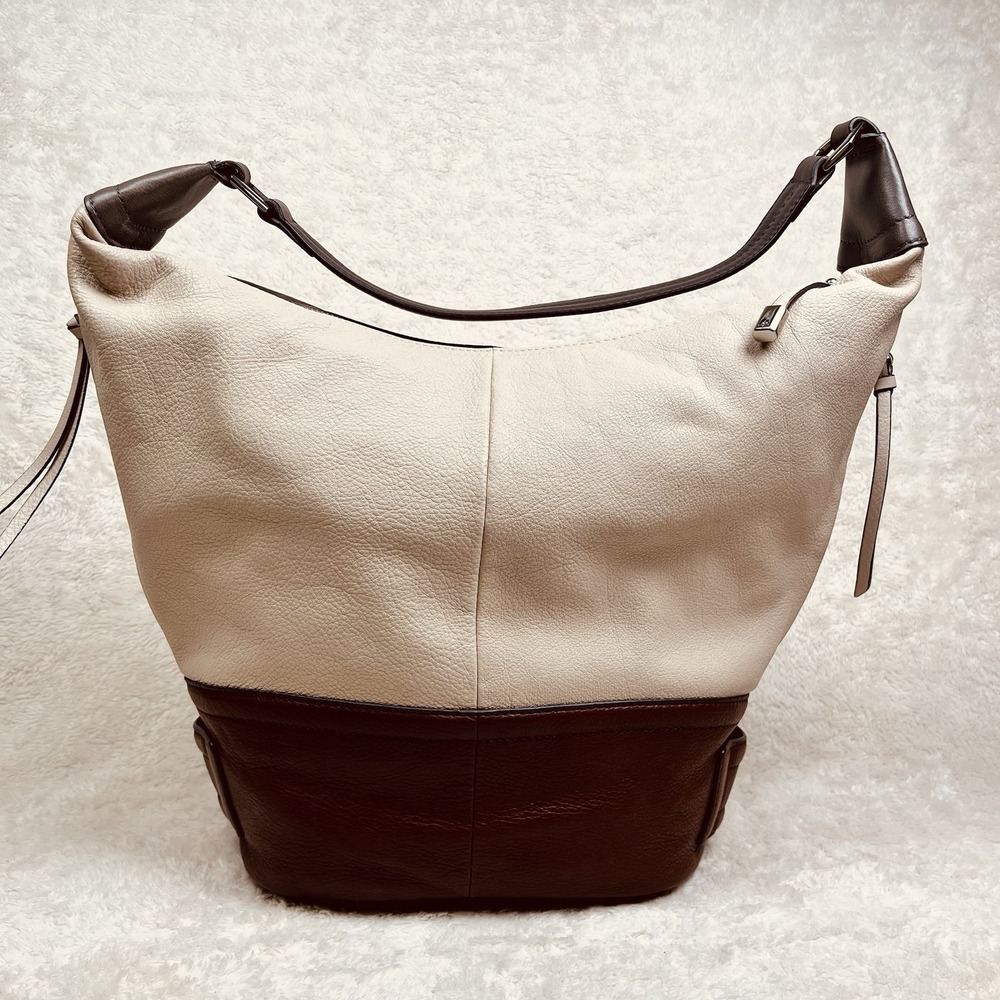 B Makowsky Bucket Shoulder Bag Large Pebbled Leather Cream Brown Zipper Purse - Picture 3 of 15